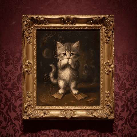 renaissance oil painting of the kitten, dancing inside the frame