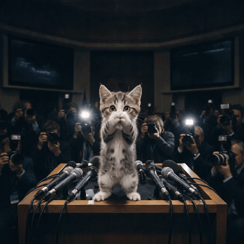 the kitten dancing on a press conference podium